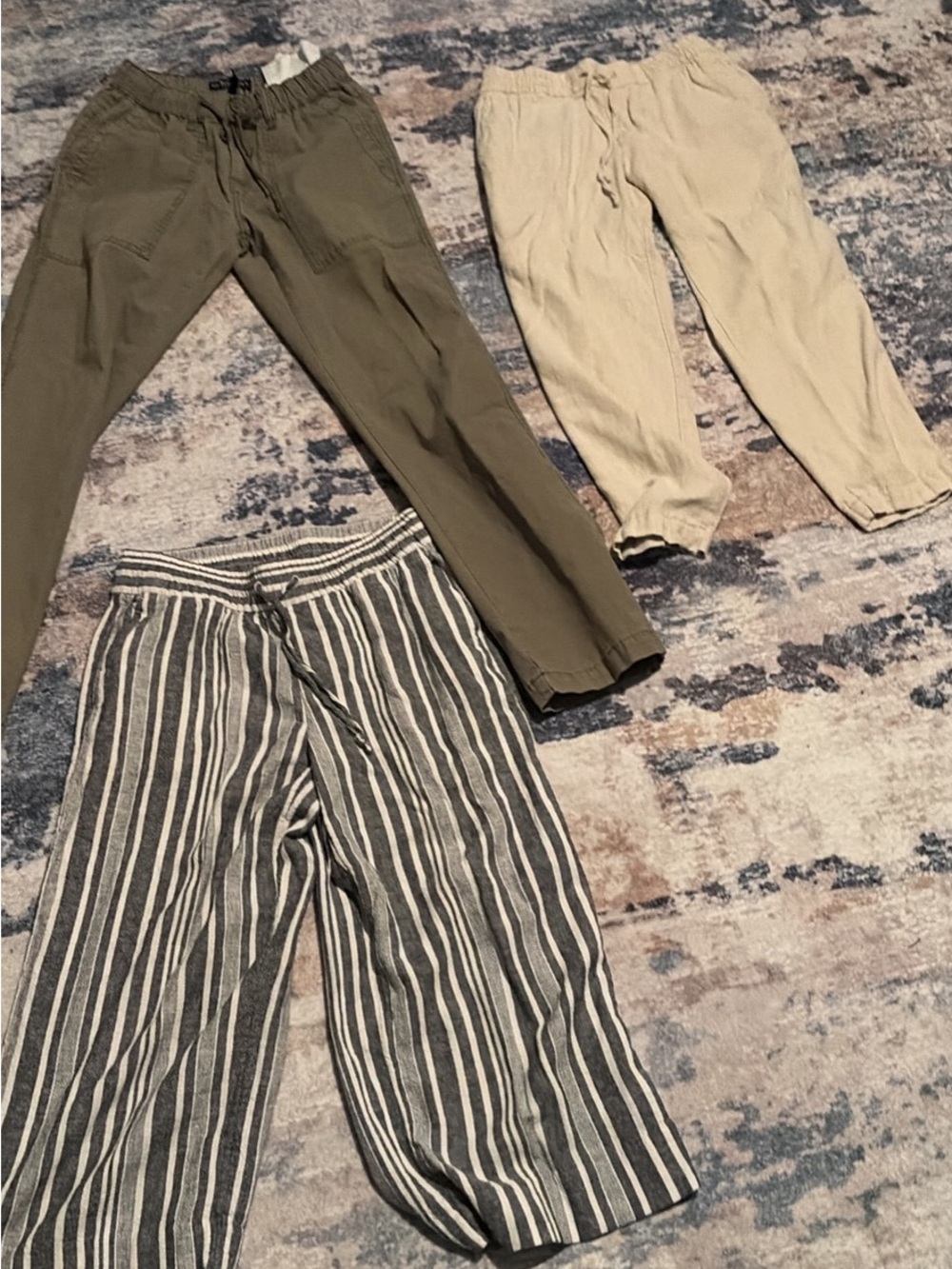Womans Elastic-Waist Pants Set - Olive, Beige, Black/White Stripe
